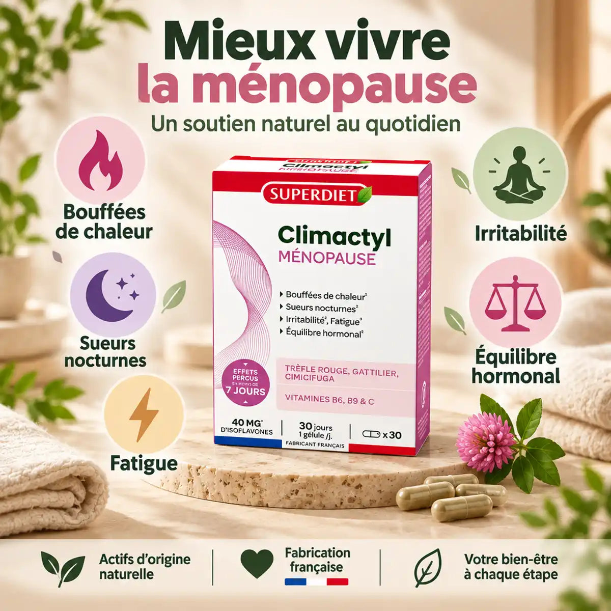 Climactyl ménopause Superdiet 30 gélules - bouffées de chaleur, sueurs nocturnes, fatigue