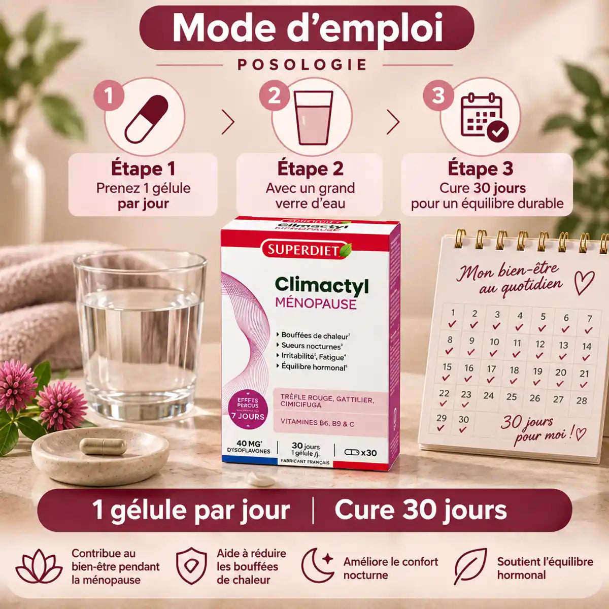 Climactyl complexe ménopause 30 gélules Superdiet avec mode d'emploi et posologie illustré