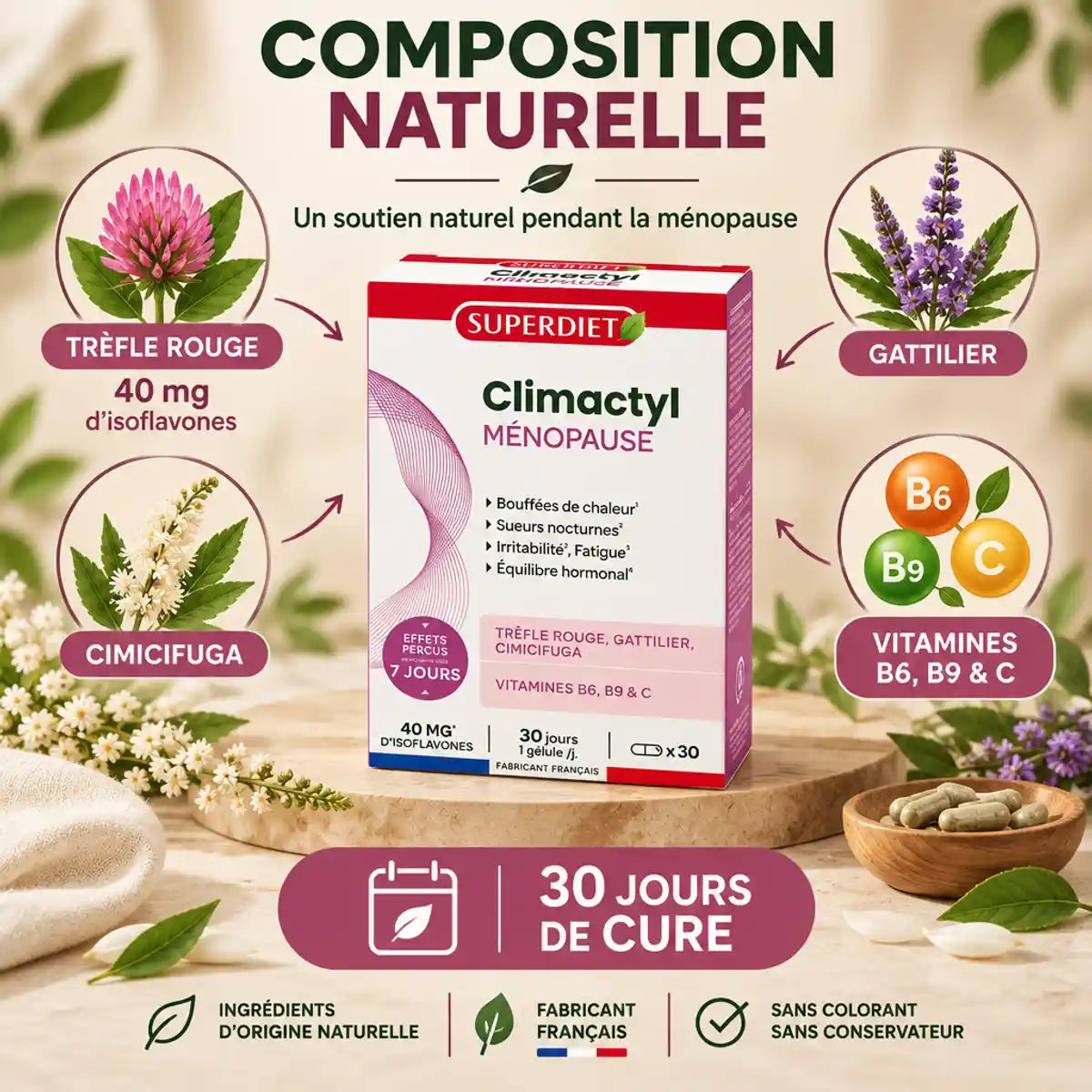Climactyl ménopause Superdiet 30 gélules avec composition naturelle: trèfle rouge, gattilier, cimicifuga et vitamines