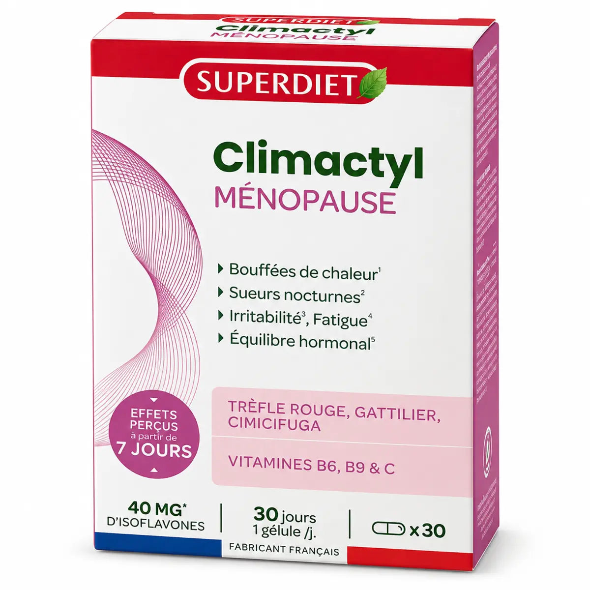 Climactyl complexe ménopause 30 gélules Superdiet - boîte packaging burgundy et blanc