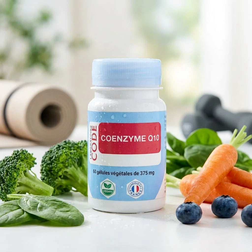 Flacon CoQ10 ubiquinone 60 gélules Laboratoire Code avec légumes frais et élément bien-être