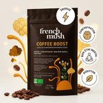 COFFEE BOOST café champignons adaptogènes avec icônes énergie, concentration, bien-être et digestion