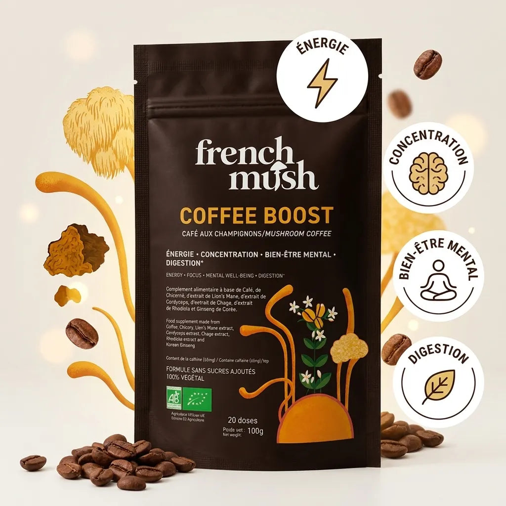 COFFEE BOOST café champignons adaptogènes avec icônes énergie, concentration, bien-être et digestion