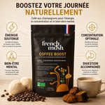 COFFEE BOOST champignons adaptogènes - Packaging avec bénéfices énergie, concentration, bien-être mental et digestion