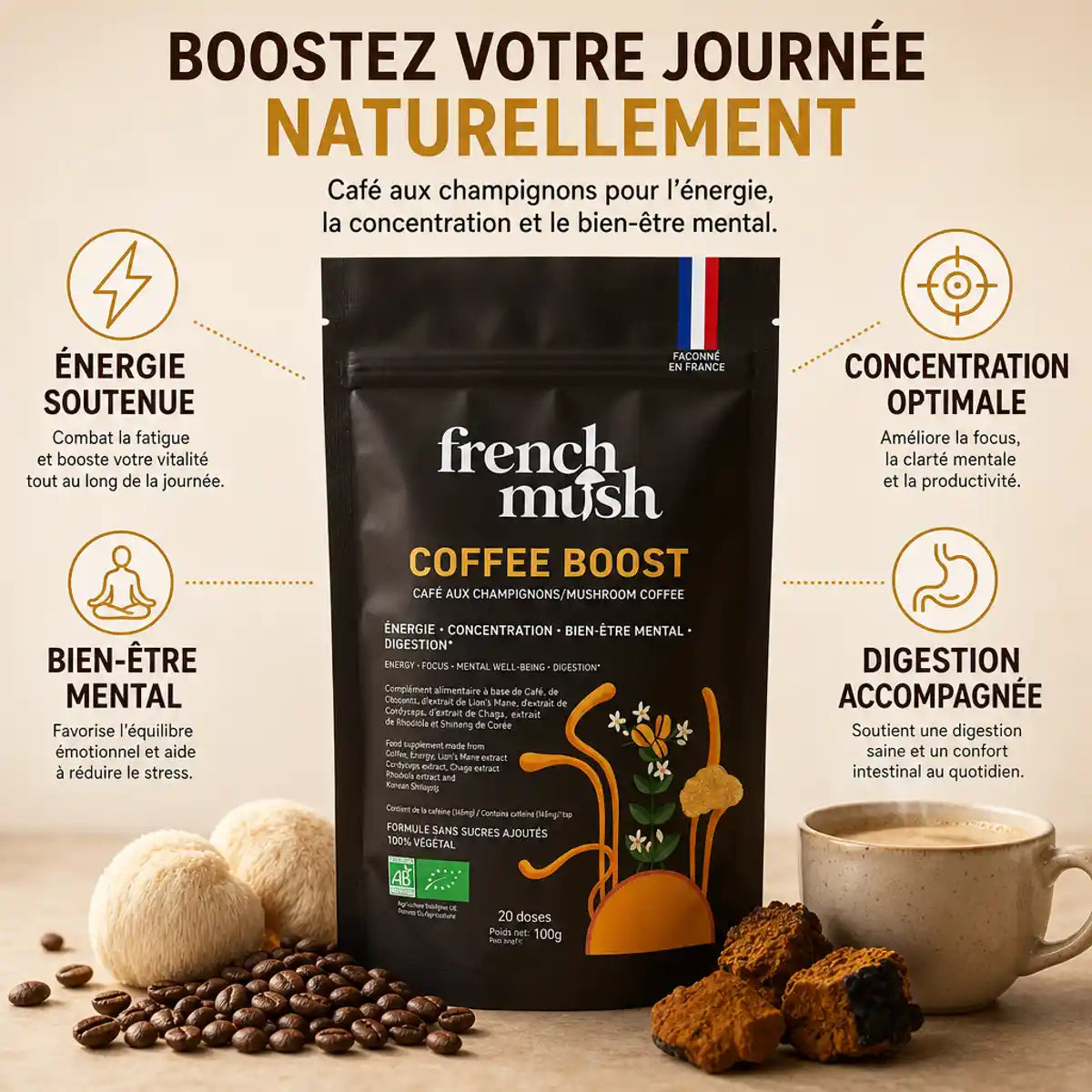 COFFEE BOOST champignons adaptogènes - Packaging avec bénéfices énergie, concentration, bien-être mental et digestion