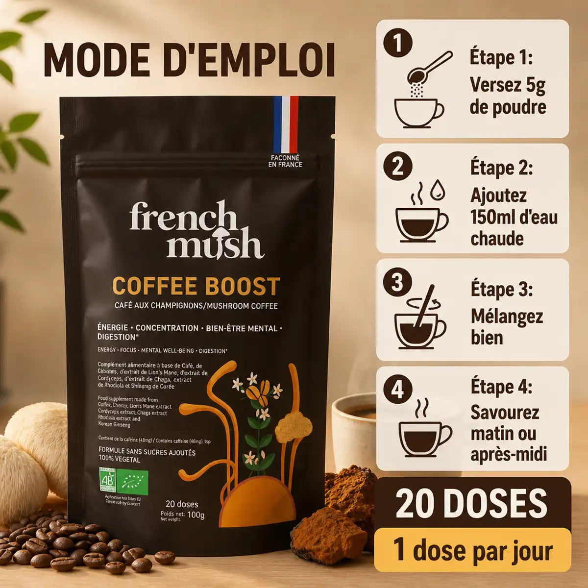 COFFEE BOOST café aux champignons adaptogènes French Mush, mode d'emploi 4 étapes, 20 doses