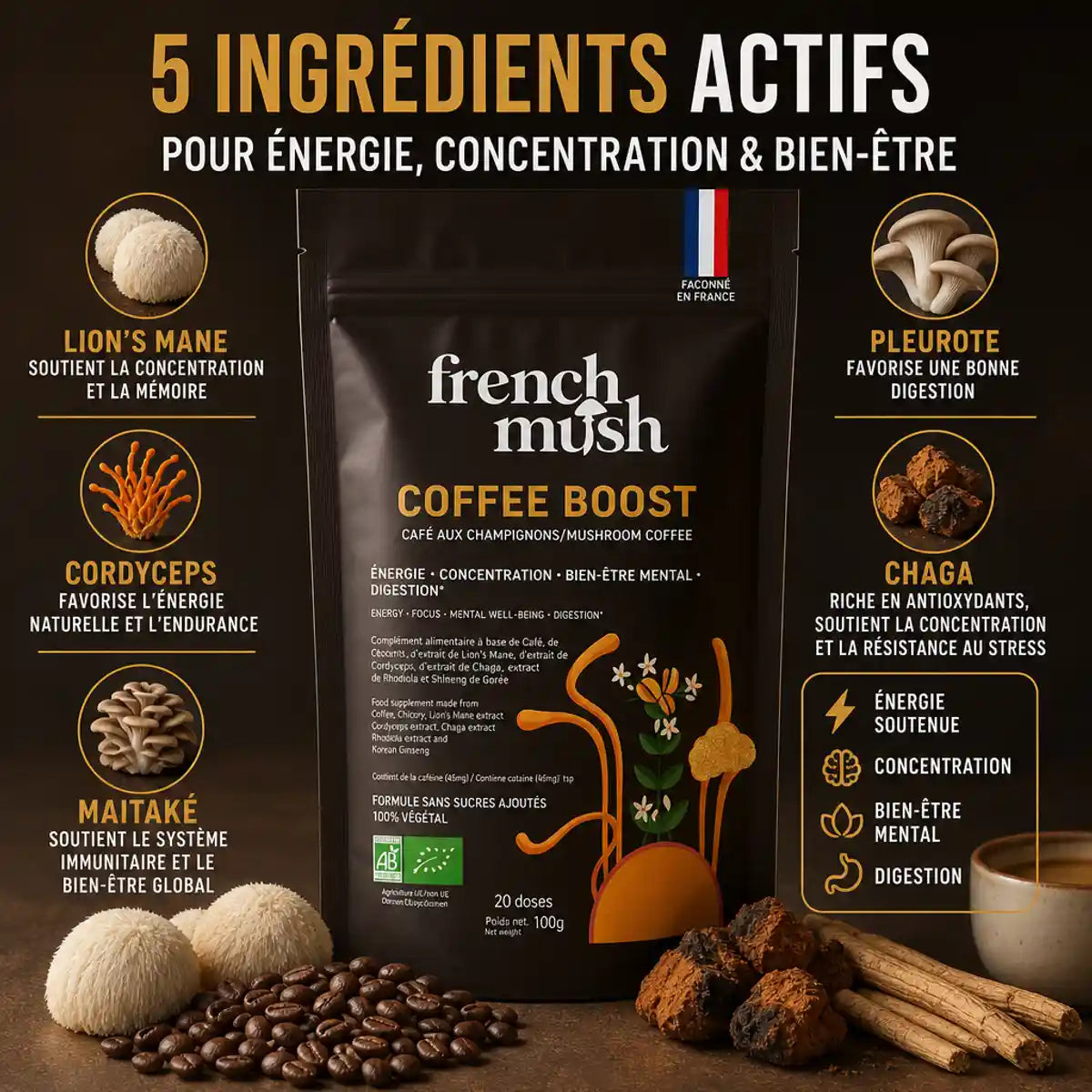 COFFEE BOOST café aux champignons adaptogènes avec ingrédients Lion's Mane, Cordyceps, Maitaké et Chaga