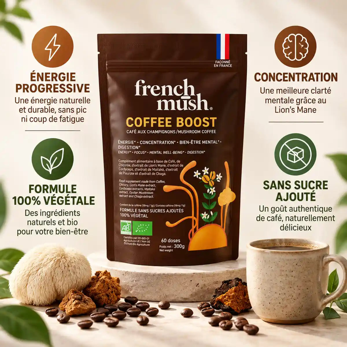COFFEE BOOST French Mush - Café aux champignons adaptogènes 60 doses avec bénéfices énergie et concentration