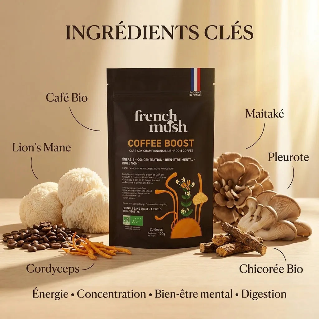 COFFEE BOOST French Mush - Café bio aux champignons adaptogènes avec ingrédients visibles