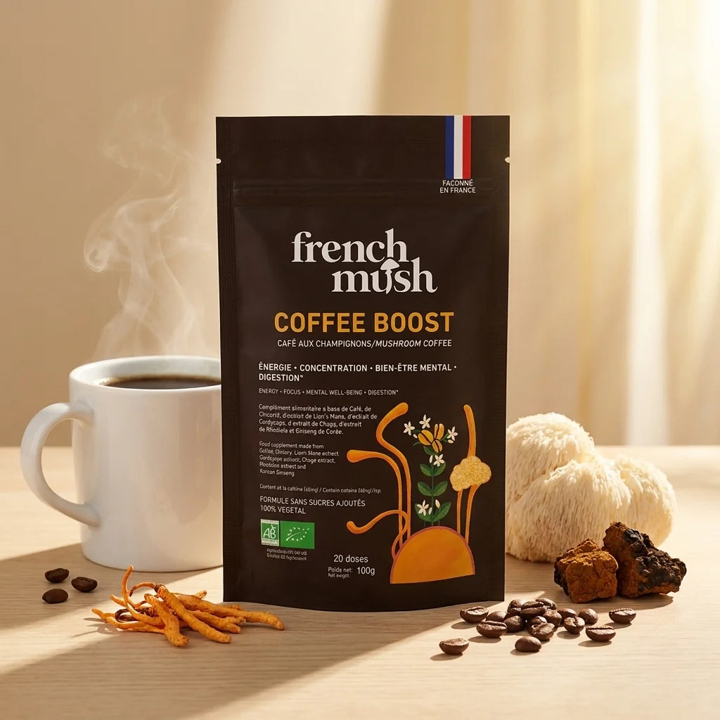 COFFEE BOOST café aux champignons adaptogènes French Mush sur bureau avec tasse et champignons