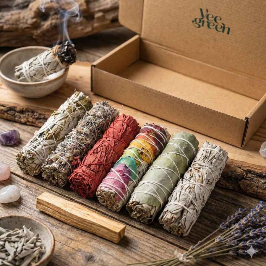 6 sauges et un bâton de palo santo avec des accessoires de purification