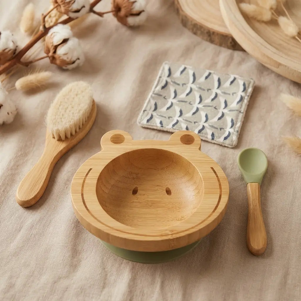 Coffret Bambout'chou Grenouille Cap Bamboo avec bol, cuillère et accessoires écologiques