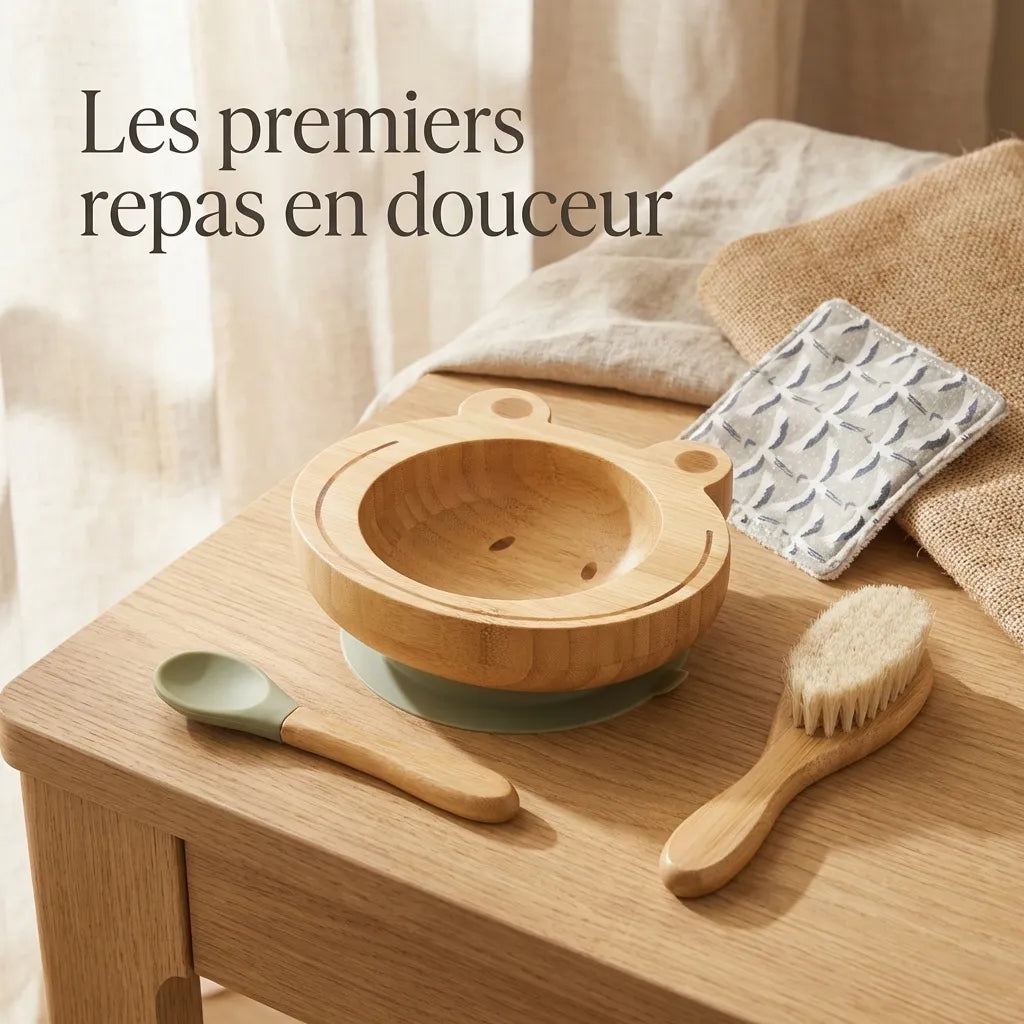 Coffret Bambout'chou Grenouille Cap Bamboo - Set repas bébé bambou avec bol, cuillère et brosse