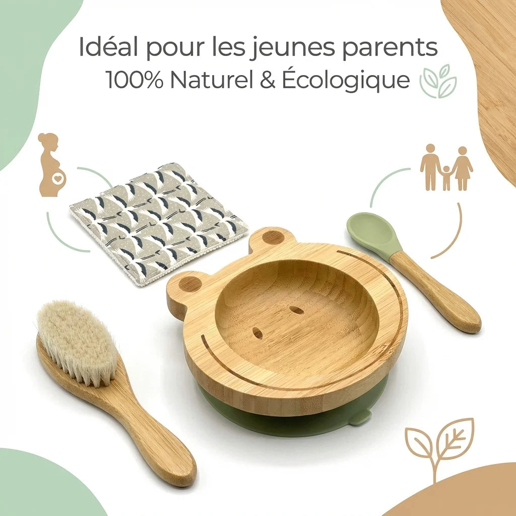 Coffret Bambout'chou Grenouille Cap Bamboo - Set repas bébé écologique en bambou avec bol, cuillère et brosse