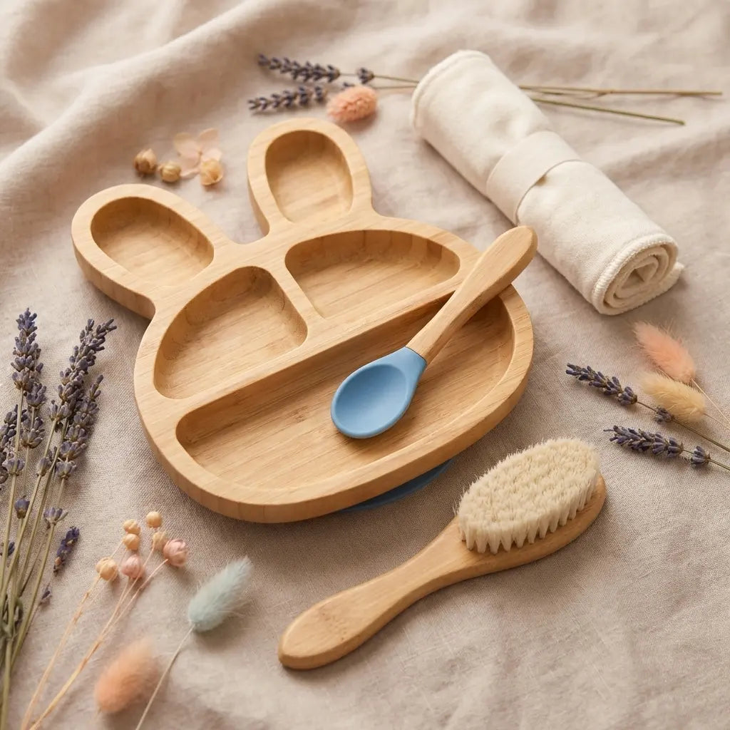 Coffret Bambout'chou Lapin Cap Bamboo avec assiette, cuillère et accessoires écologiques