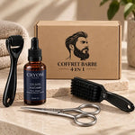un coffret barbe 4 en 1 essentiel avec une huile, une brosse, une paire de ciseaux et un derma roller