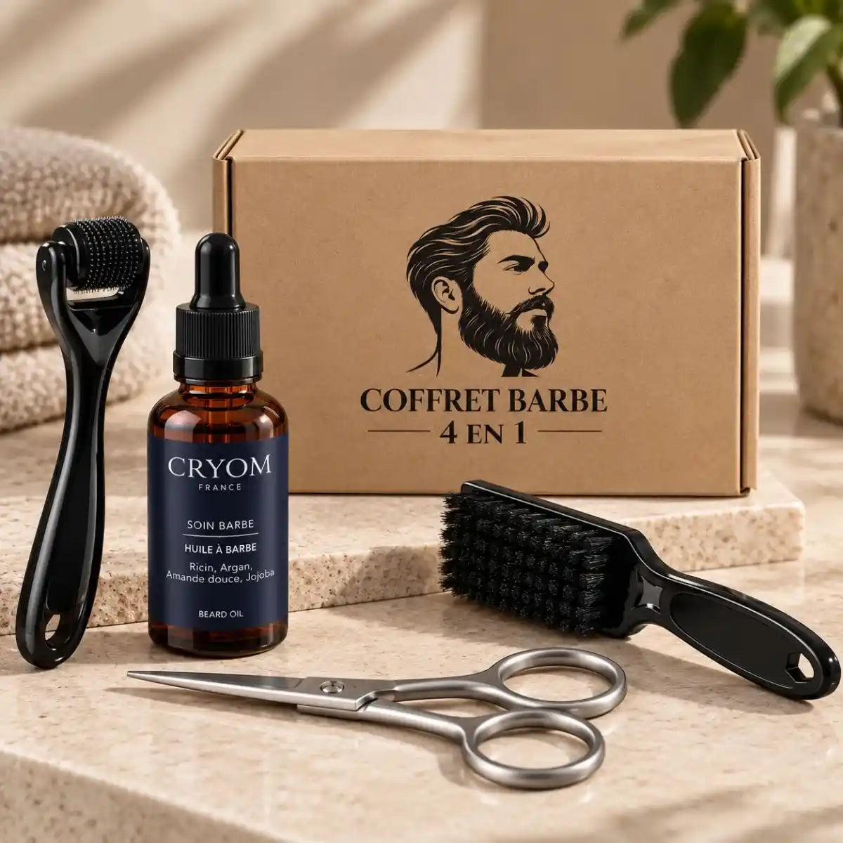 un coffret barbe 4 en 1 essentiel avec une huile, une brosse, une paire de ciseaux et un derma roller