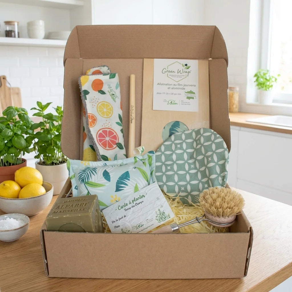 Coffret Cuisine Zéro Déchet Angie Be Green avec brosse bois, emballages durables et accessoires écologiques