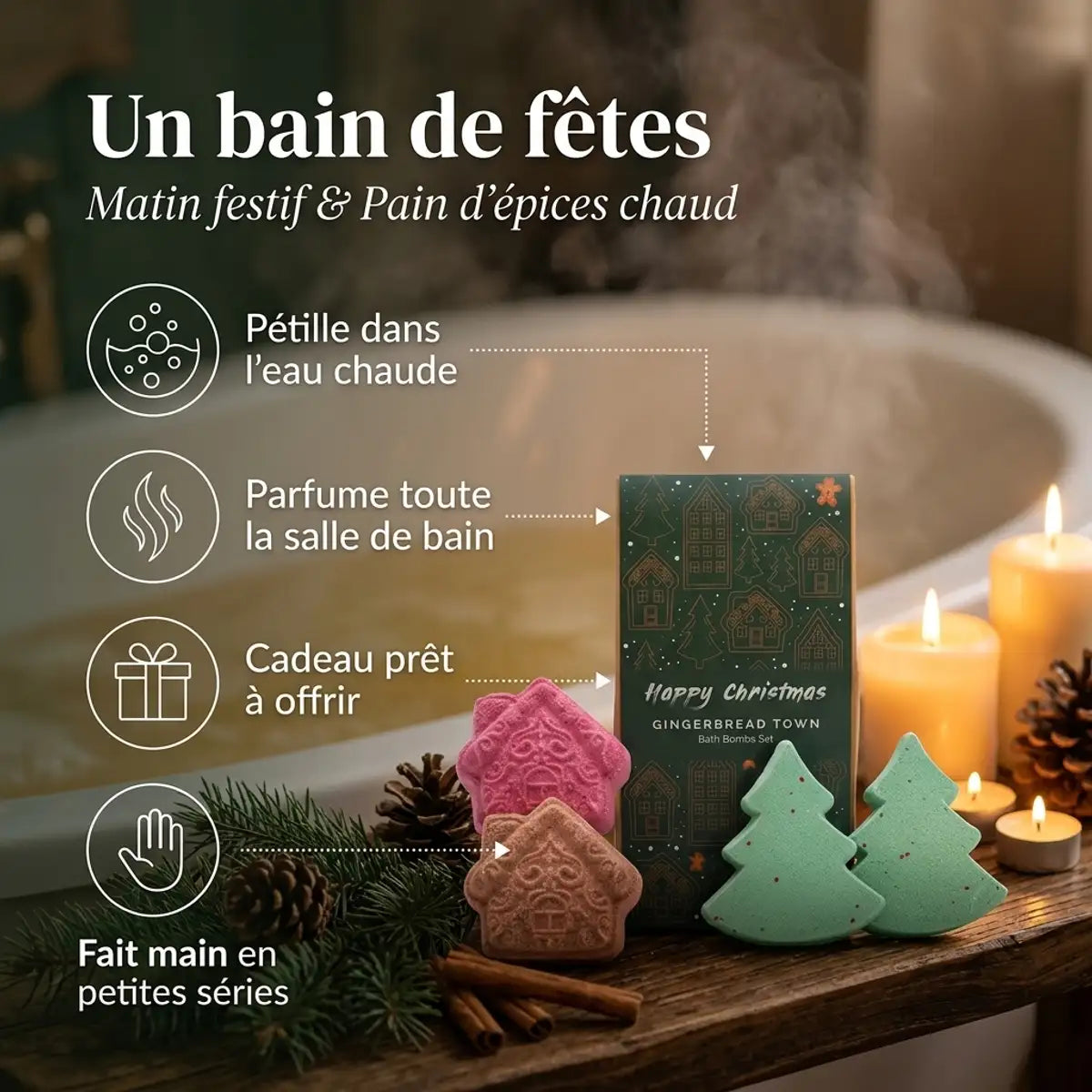 Coffret de bombes de bain Ancien Wisdom Pain d'épices de Noël : 4 pièces, bombes roses et vertes dans un décor festif