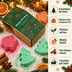 Coffret de bombes de bain de Noël avec 4 bombes en forme de sapin et de maison en pain d'épices, fabriquées main au Royaume-Uni