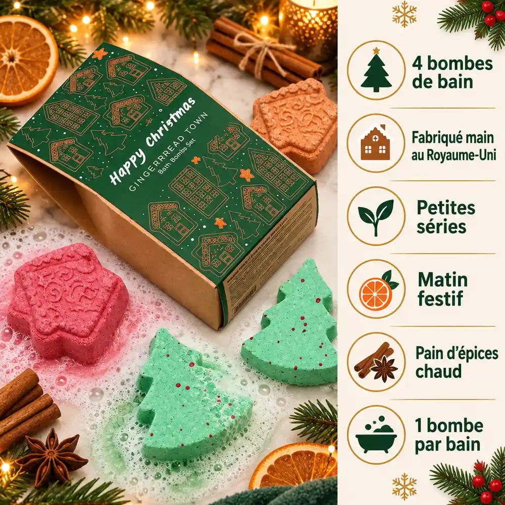 Coffret de bombes de bain de Noël avec 4 bombes en forme de sapin et de maison en pain d'épices, fabriquées main au Royaume-Uni