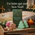 Coffret de bombes de bain de Noël Ancient Wisdom 4 pièces, maisons en pain d'épices et sapins, dans une baignoire fumante