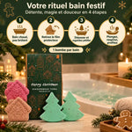 Coffret Ancien Wisdom Gingerbread Town : 4 bombes de bain de Noël (maisons en pain d'épices et sapins) et étapes du rituel de bain festif