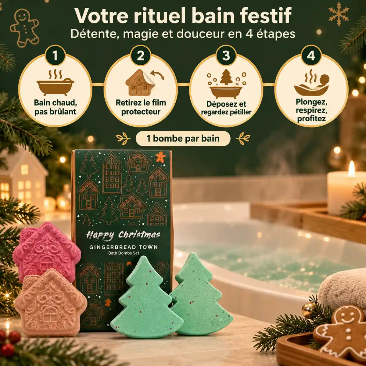 Coffret Ancien Wisdom Gingerbread Town : 4 bombes de bain de Noël (maisons en pain d'épices et sapins) et étapes du rituel de bain festif