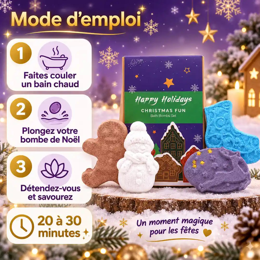 Coffret Noël Fun Ancient Wisdom : 4 bombes de bain (bonhomme pain d'épice, bonhomme de neige, sapin, lune étoilée) et mode d'emploi