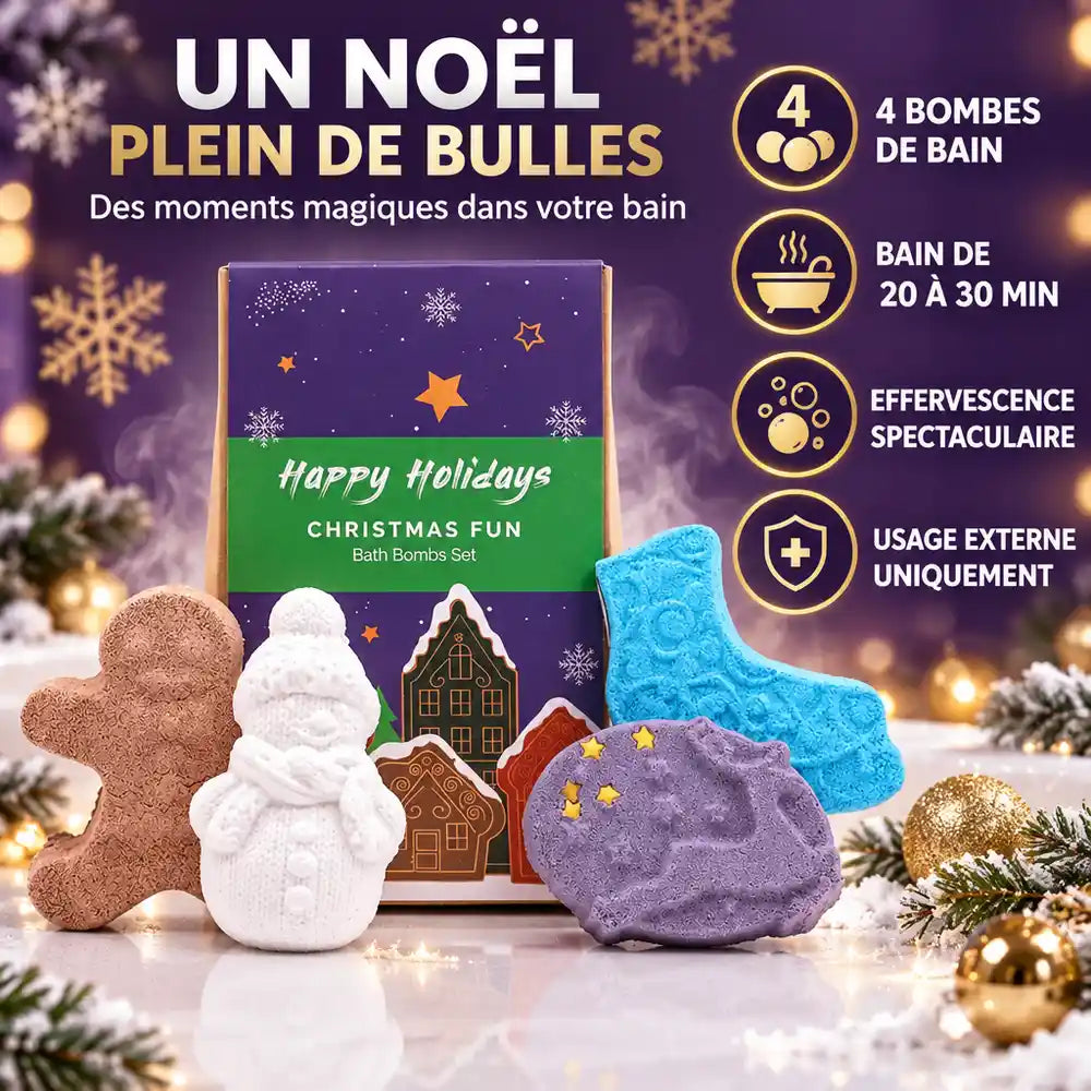 Coffret de bombes de bain Noël Fun : 4 bombes gingembre, bonhomme de neige, chaussette et lune étoilée sur fond d'hiver violet