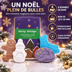 Coffret de bombes de bain Noël Fun : 4 bombes gingembre, bonhomme de neige, chaussette et lune étoilée sur fond d'hiver violet