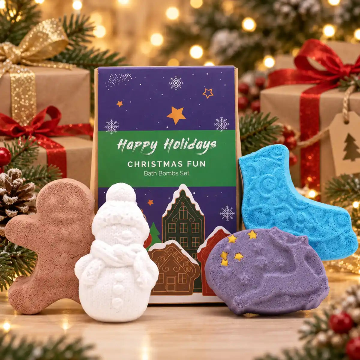 Coffret de bombes de bain Noël Fun, 4 pièces : boîte violette, bonhomme en pain d'épice, bonhomme de neige et lune étoilée sur bois clair