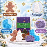 Coffret de bombes de bain Noël Fun 4 pièces : pain d'épices, bonhomme de neige, chaussette et lune étoilée sur fond hivernal