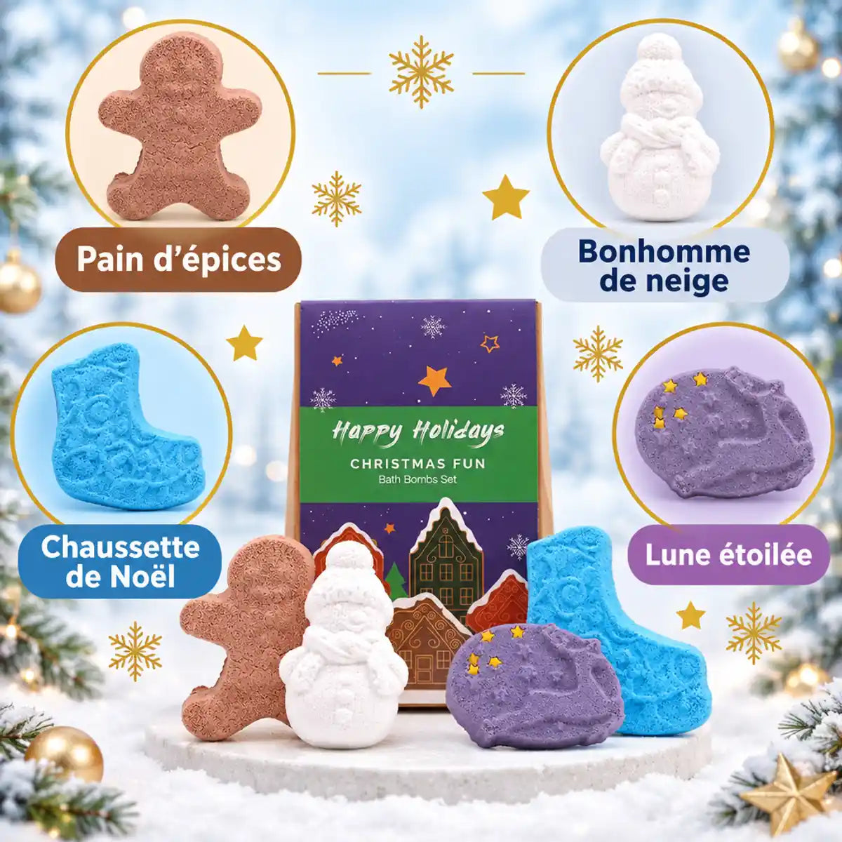 Coffret de bombes de bain Noël Fun 4 pièces : pain d'épices, bonhomme de neige, chaussette et lune étoilée sur fond hivernal