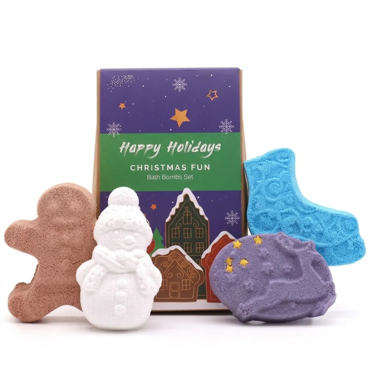 Coffret de bombes de bain de Noël avec 4 pièces : bonhomme pain d'épice, bonhomme de neige, chaussette bleue et galet lavande

Hmm, that's over 125 characters? Let me count: roughly 150. Need shorter.

Coffret de bombes de bain de Noël : pain d'épice, bonhomme de neige, chaussette et galet

Count: "Coffret de bombes de bain de Noël : pain d'épice, bonhomme de neige, chaussette et galet" ≈ 88 characters. Good.