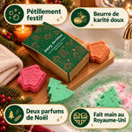 Coffret de bombes de bain village de pain d'épice vert avec 4 bombes sapins et maisons, pétillant dans un bain festif