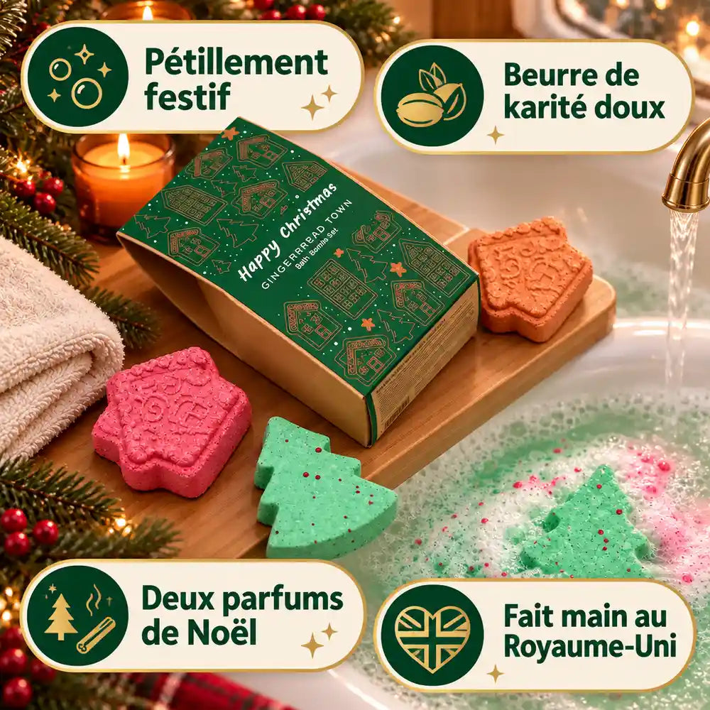 Coffret de bombes de bain village de pain d'épice vert avec 4 bombes sapins et maisons, pétillant dans un bain festif