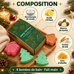 Coffret de 4 bombes de bain Village de Pain d'Épice vert, avec ingrédients naturels : bicarbonate, acide citrique, beurre de karité, cire d'abeille