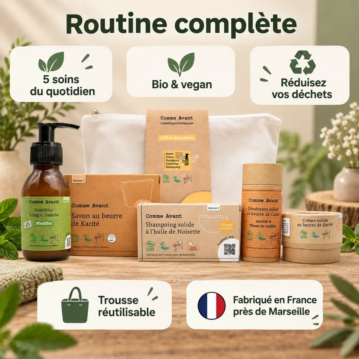 Coffret découverte Comme Avant : 5 soins bio et vegan, fabriqués en France près de Marseille, dans une trousse réutilisable