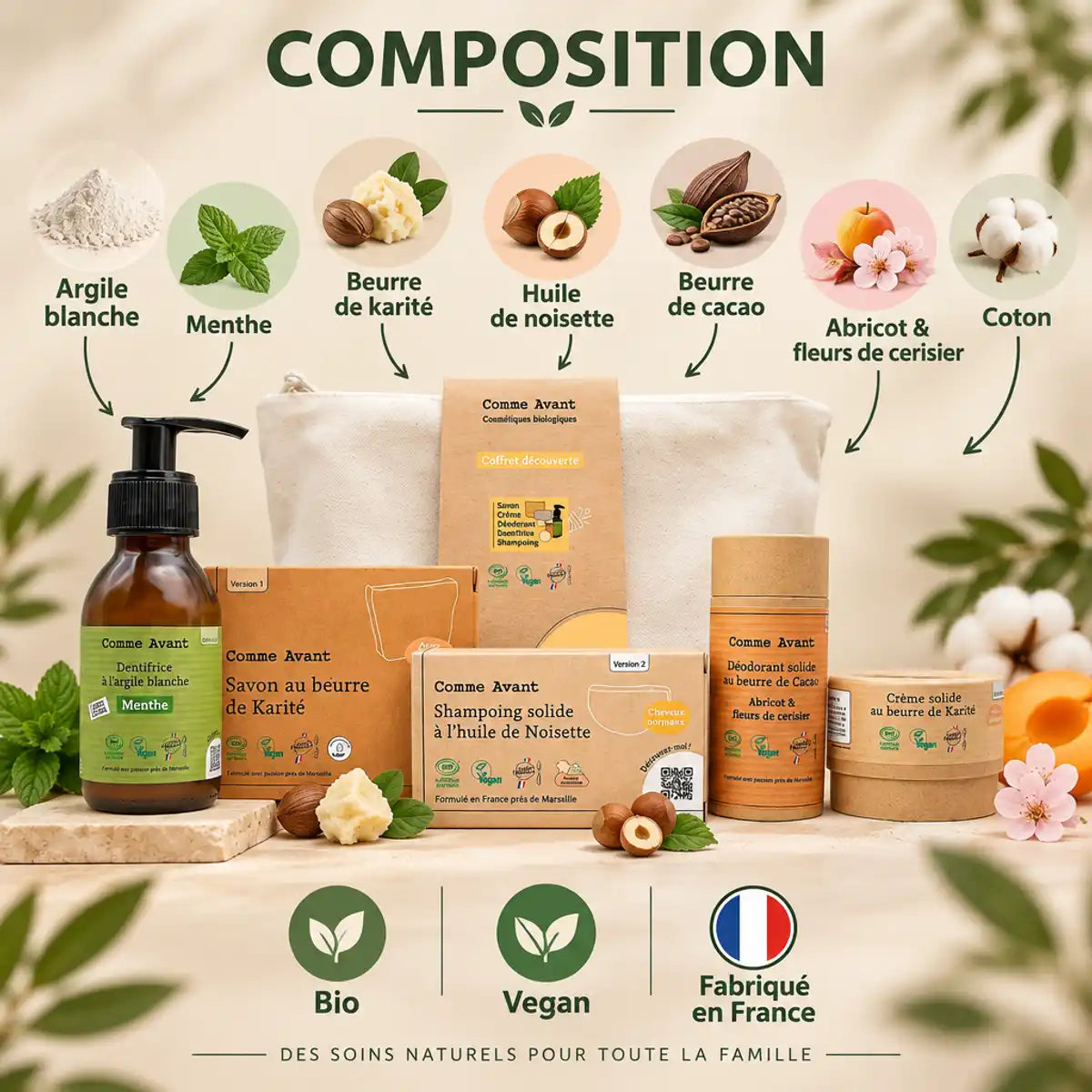 Coffret découverte Comme Avant : dentifrice à l'argile, savon, shampoing et déodorant solides, crème au karité, composition bio et naturelle