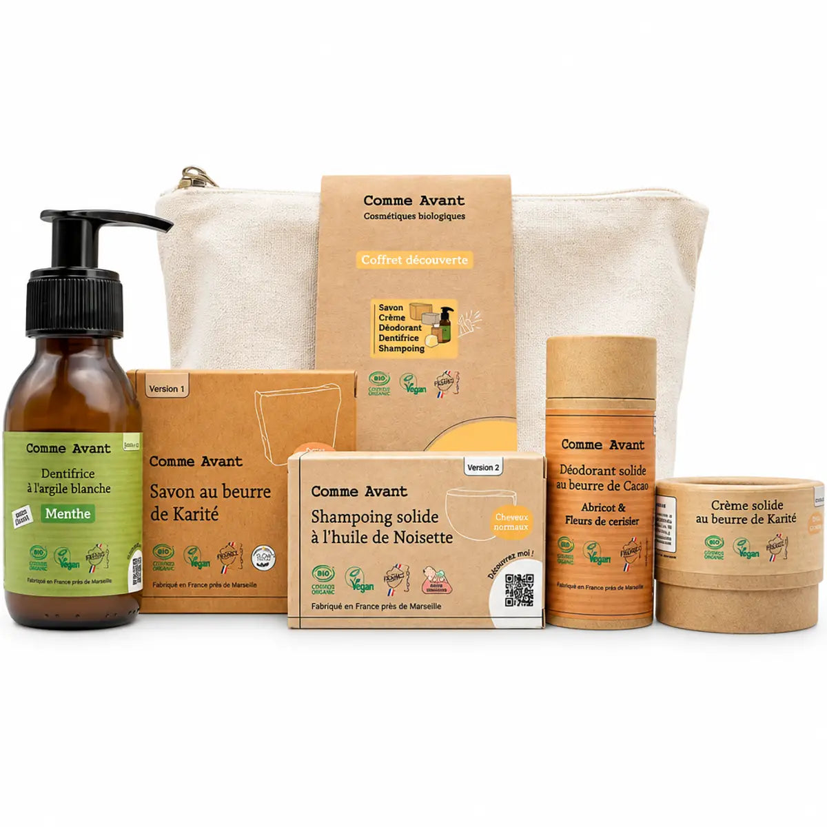 Coffret découverte Comme Avant : savon au karité, shampoing solide à la noisette et flacon menthe