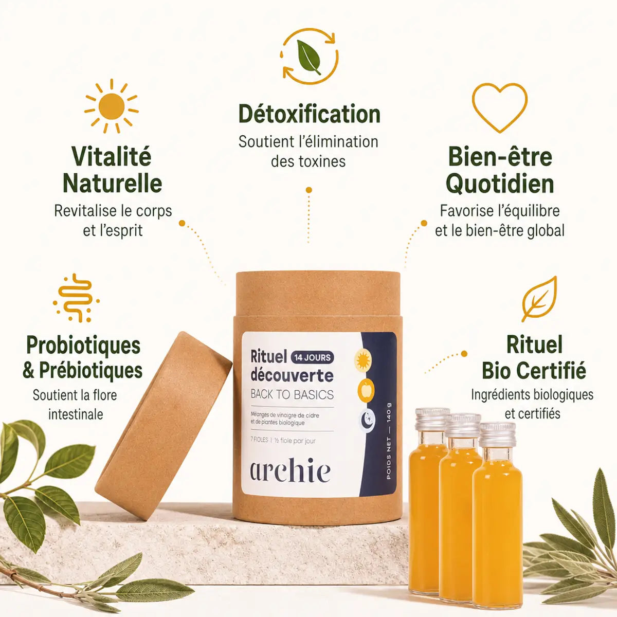 Coffret découverte routine bio Archie 140ml avec bénéfices détoxification et vitalité naturelle