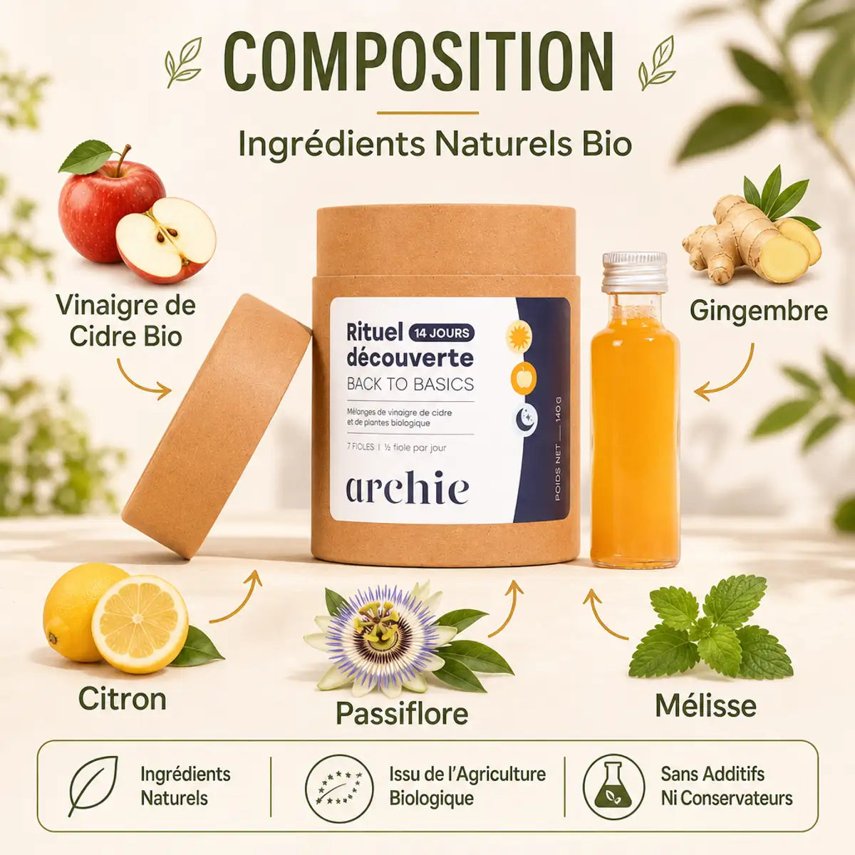 Coffret Découverte Routine Bio Archie 14 jours avec ingrédients naturels: vinaigre de cidre, gingembre, citron et passiflore