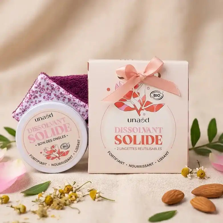 Coffret dissolvant solide Unaöd 50ml avec lingettes réutilisables et ingrédients botaniques