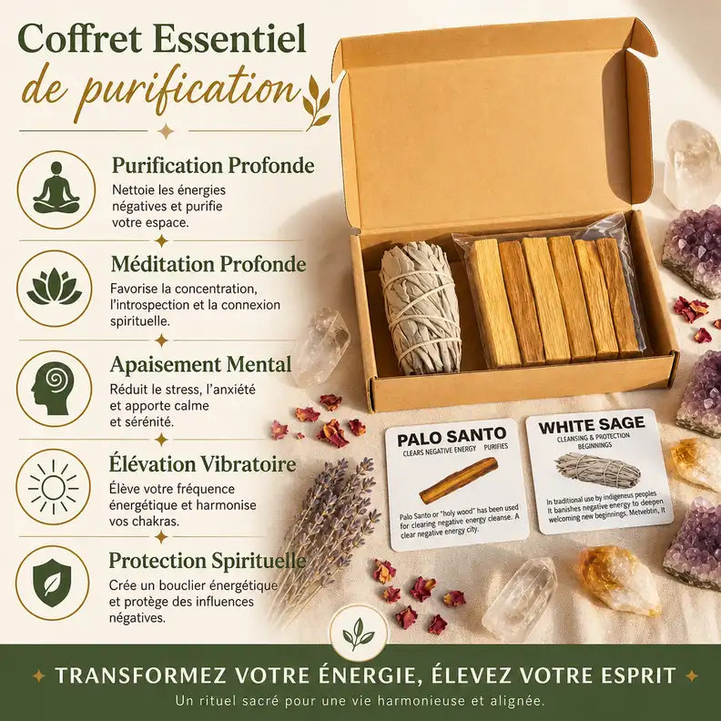 Coffret purification sauge blanche et palo santo avec cristaux améthyste sur fond beige naturel