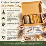 Coffret purification sauge blanche et palo santo avec cristaux améthyste sur fond beige naturel