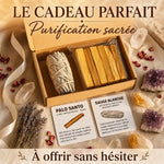 Coffret purification sauge blanche palo santo avec cristaux améthyste sur fond lin naturel