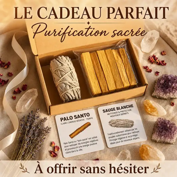 Coffret purification sauge blanche palo santo avec cristaux améthyste sur fond lin naturel
