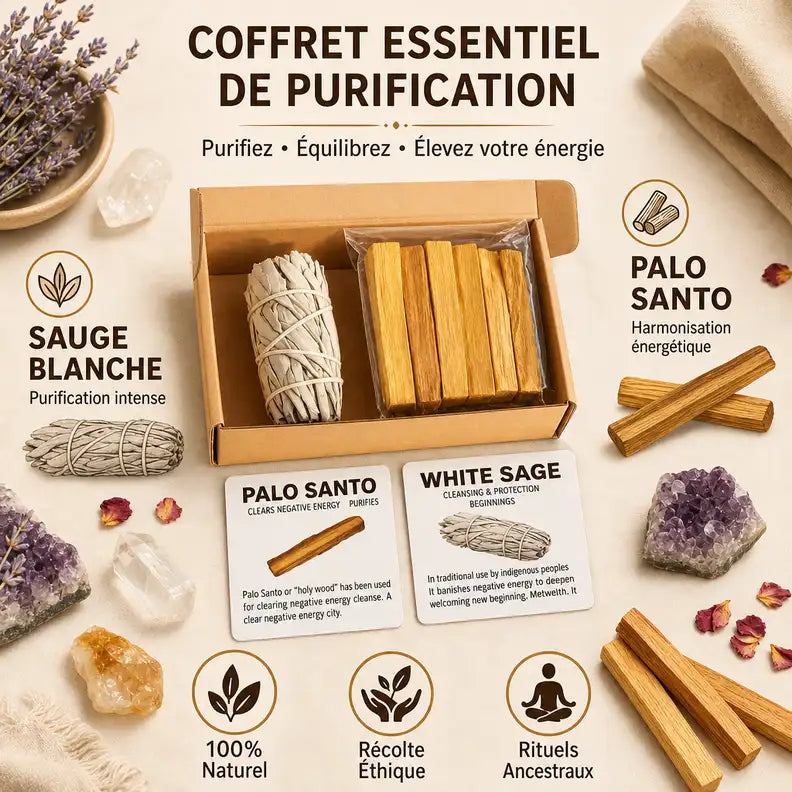 Coffret purification sauge blanche et palo santo - Rituels énergétiques naturels et éthiques