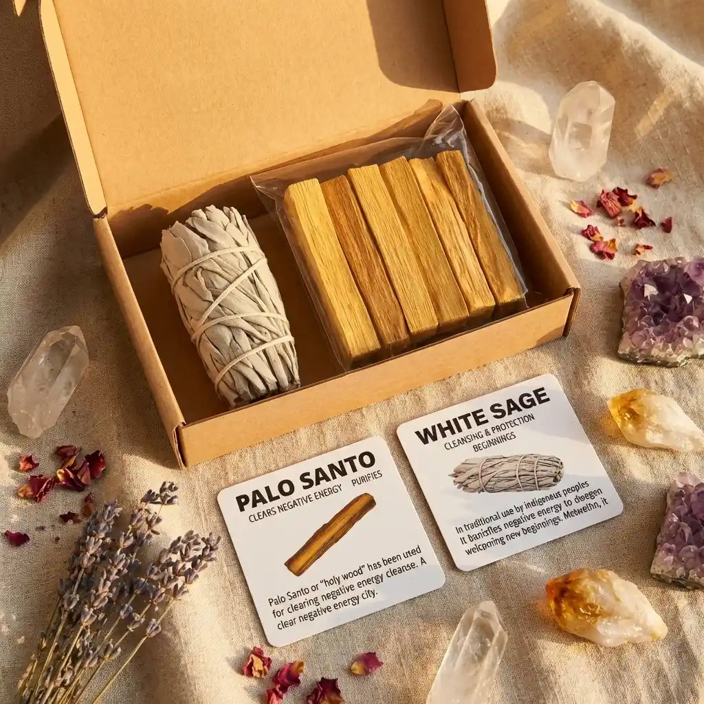 Coffret purification sauge blanche et palo santo avec cristaux sur tissu lin nature